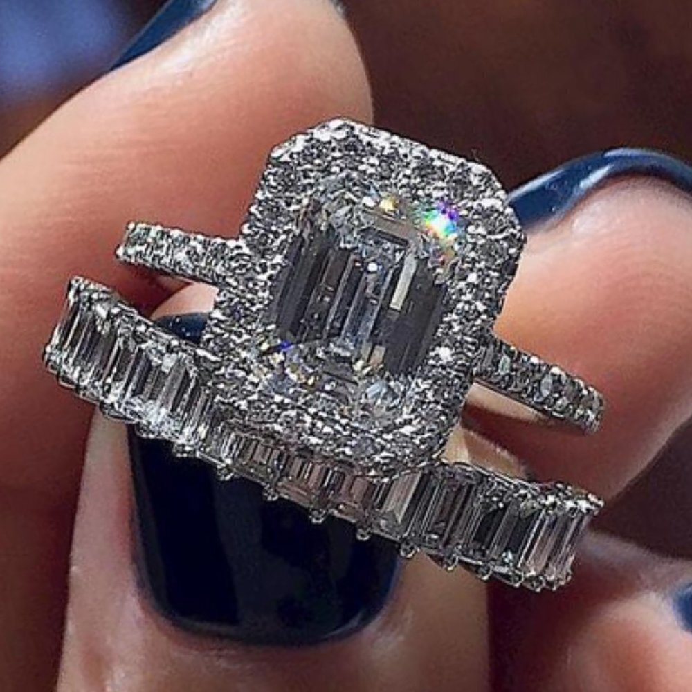 💥Engagement Radiant CZ Micro Pave Silver Plated Wedding Ring Set, UNVN12329